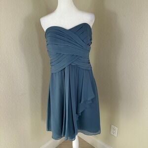 David's Bridal Strapless Mini Dress 12 Dusty Blue Chiffon Bridesmaid Romantic